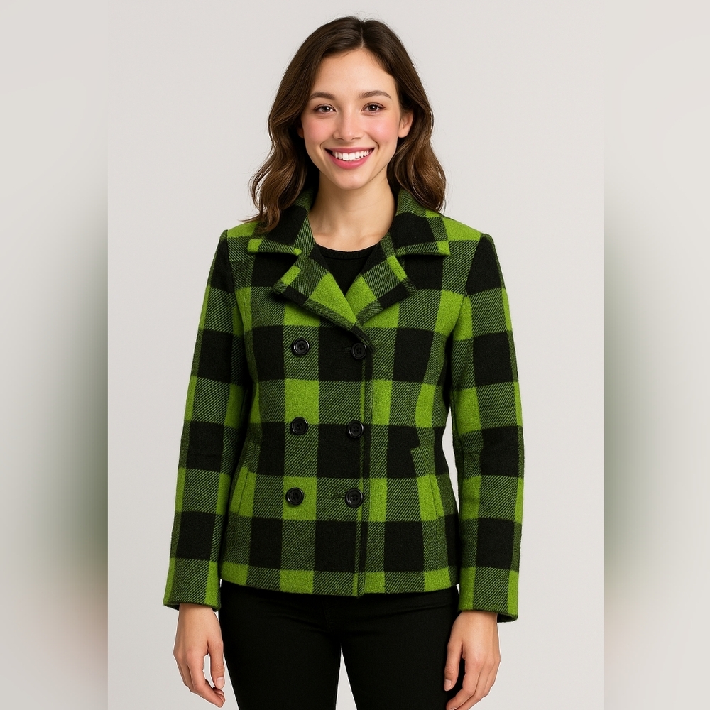 Keren Hart Jacket Coat Womens S Bufflo‎ Plaid Wool Retro Grunge Neon Check Y2K
